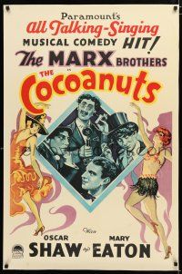 9e620 COCOANUTS commercial poster '70s art of all 4 Marx Brothers & sexy showgirls!
