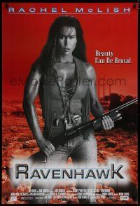 9e896 RAVEN HAWK video poster '96 sexy Rachel McLish w/shotgun, beauty can be brutal!