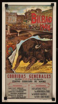 9e465 BILBAO 1948 2-sided Spanish special 10x18 '48 de Echevarria art of bull & city!