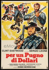 9e633 FISTFUL OF DOLLARS Italian commercial poster '80s Leone's, Symeoni art of Clint Eastwood!
