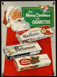 9e130 SAY MERRY CHRISTMAS WITH CIGARETTES 19x26 advertising poster '50s art of Santa & cigs!