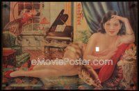 9e255 WOMAN WITH MINK STOLE 19x29 art print '50s art of mostly naked Asian woman!