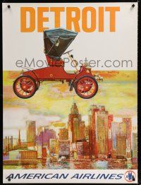 9e031 AMERICAN AIRLINES DETROIT travel poster '60s Connery art of skyline & vintage car!