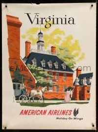 9e032 AMERICAN AIRLINES VIRGINIA travel poster '57 Bern Hill art of Colonial scene!