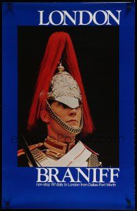 9e065 BRANIFF LONDON travel poster '80s cool image of Household Cavalry Guardsman!