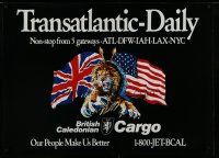 9e071 BRITISH CALEDONIAN TRANSATLANTIC DAILY travel poster '80 great Langford art of lion!
