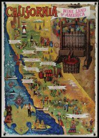 9e058 CALIFORNIA - WINE LAND OF AMERICA travel poster '60s cool map art by Amado Gonzalez!