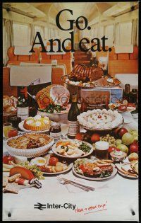 9e074 INTER-CITY GO & EAT English travel poster '70s great image of train food!