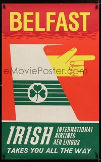 9e069 IRISH INTERNATIONAL AIRLINES BELFAST Irish travel poster '60s Ireland, art of shamrock!