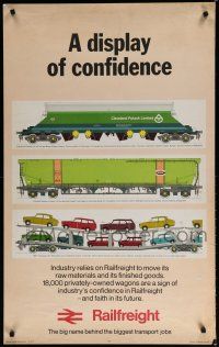 9e075 RAILFREIGHT English travel poster '74 art of different rail cars, display of confidence!