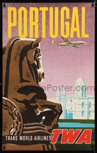 9e038 TWA PORTUGAL travel poster '50s David Klein art of national landmarks!