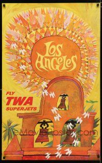 9e041 TWA LOS ANGELES travel poster '60s Southern California, David Klein artwork!