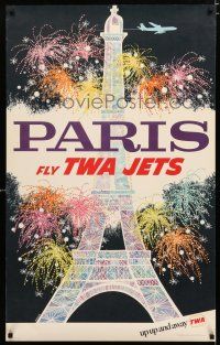 9e042 TWA PARIS travel poster '60s David Klein art of Eiffel Tower & fireworks!
