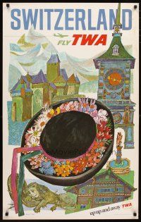 9e048 TWA SWITZERLAND travel poster 1960s wonderful art of hat & landmarks by David Klein!
