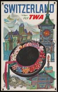 9e047 TWA SWITZERLAND travel poster '60s wonderful art of hat & landmarks by David Klein!