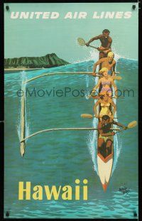 9e027 UNITED AIR LINES HAWAII travel poster '60s Stan Galli art of outrigger canoe!