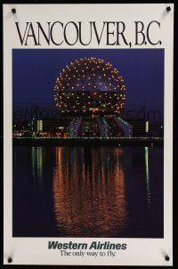 9e036 WESTERN AIRLINES VANCOUVER B.C. travel poster '80s cool image of Science World dome!