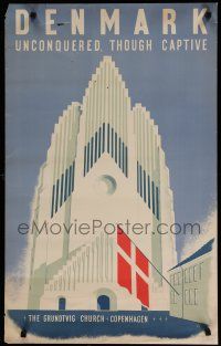 9e008 DENMARK 20x32 English WWII war poster '40s wonderful art of Grundtvig Church!