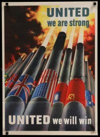 9e017 UNITED WE ARE STRONG 20x28 WWII war poster '43 art of cannons & flags by Henry Koerner!