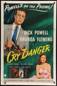 9f081 CRY DANGER linen 1sh '51 great noir art of Dick Powell loading gun & sexy Rhonda Fleming!