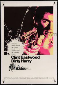9f093 DIRTY HARRY linen 1sh '71 great c/u of Clint Eastwood pointing gun, Don Siegel crime classic!