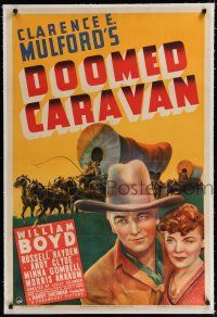 9f094 DOOMED CARAVAN linen 1sh '41 art of William Boyd as Hopalong Cassidy & covered wagons!