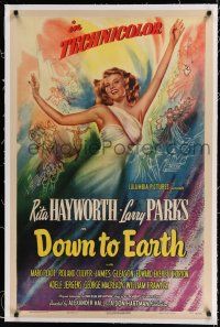9f096 DOWN TO EARTH linen 1sh '46 sensational colorful artwork of sexiest goddess Rita Hayworth!