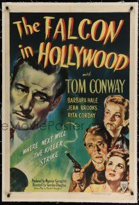 9f100 FALCON IN HOLLYWOOD linen 1sh '44 detective Tom Conway, where next will the killer strike!