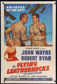 9f107 FLYING LEATHERNECKS linen 1sh '51 art of John Wayne & Robert Ryan, Howard Hughes, Nicholas Ray