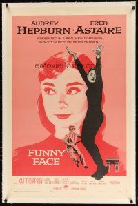 9f114 FUNNY FACE linen 1sh '57 art of Audrey Hepburn close up & full-length + Fred Astaire!