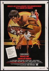 9f115 GAME OF DEATH linen 1sh '79 Bruce Lee, cool Bob Gleason martial arts artwork!