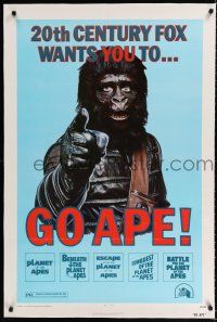 9f127 GO APE linen 1sh '74 5-bill Planet of the Apes, wonderful Uncle Sam parody art!