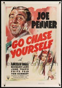 9f128 GO CHASE YOURSELF linen 1sh '38 artwork of Joe Penner & Lucille Ball behind bars!