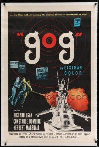 9f129 GOG linen 1sh '54 sci-fi, wacky Frankenstein of steel robot destroys its makers!