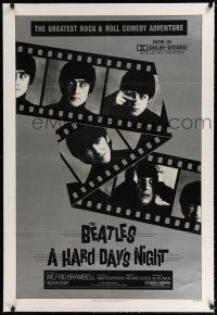9f140 HARD DAY'S NIGHT linen 1sh R82 great image of The Beatles on film strip, rock & roll classic!