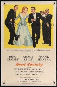 9f144 HIGH SOCIETY linen 1sh '56 art of Frank Sinatra, Bing Crosby, Grace Kelly & Louis Armstrong!
