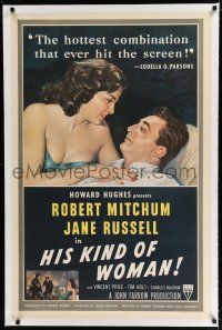 9f146 HIS KIND OF WOMAN linen 1sh '51 Robert Mitchum, sexy Jane Russell, presented by Howard Hughes!