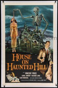 9f153 HOUSE ON HAUNTED HILL linen 1sh '59 classic art of Vincent Price & skeleton with hanging girl!