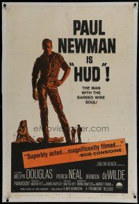 9f154 HUD linen 1sh '63 Paul Newman is the man with the barbed wire soul, Martin Ritt classic!