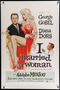 9f157 I MARRIED A WOMAN linen 1sh '58 artwork of sexiest Diana Dors sitting in George Gobel's lap!