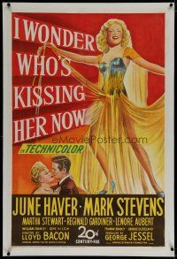 9f159 I WONDER WHO'S KISSING HER NOW linen 1sh '47 full-length stone litho of sexiest June Haver!