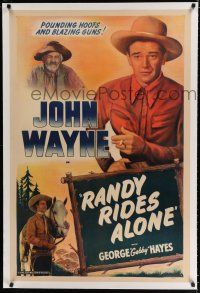 9f166 JOHN WAYNE linen 1sh '40s great image of The Duke & Gabby Hayes, Randy Rides Alone!