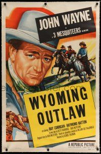 9f167 JOHN WAYNE linen 1sh 1953 great artwork of The Duke, 3 Mesquiteers in Wyomng Outlaw!