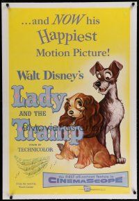 9f182 LADY & THE TRAMP linen 1sh '55 Walt Disney romantic canine dog classic cartoon!