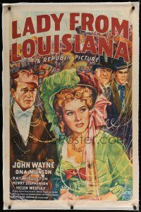 9f183 LADY FROM LOUISIANA linen 1sh '41 John Wayne & pretty Ona Munson at Mardi Gras in New Orleans!