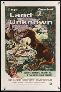 9f185 LAND UNKNOWN linen 1sh '57 a paradise of hidden terrors, great art of dinosaurs by Ken Sawyer!
