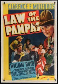 9f189 LAW OF THE PAMPAS linen 1sh '39 great image of William Boyd as Hopalong Cassidy in Argentina!