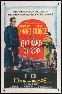 9f191 LEFT HAND OF GOD linen 1sh '55 art of priest Humphrey Bogart holding gun + sexy Gene Tierney!