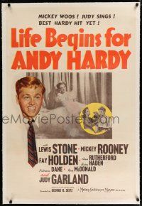 9f194 LIFE BEGINS FOR ANDY HARDY linen style C 1sh '41 Mickey Rooney woos & Judy Garland sings!