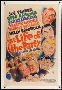 9f195 LIFE OF THE PARTY linen 1sh '37 wacky art of Joe Penner, Gene Raymond & Parkyakarkus!
